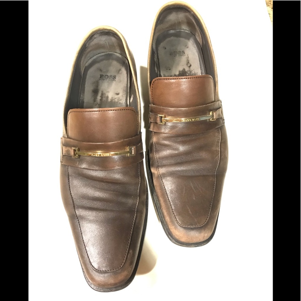 Hugo Boss Brown Gold Leather Mens Dress Shoes 12